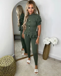 Piper Gold Button Short Sleeve Ribbed Loungeset - Khaki