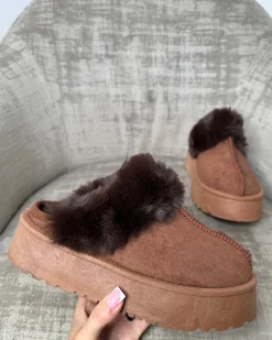 Pixie Fluffy Faux Fur Slippers - Brown