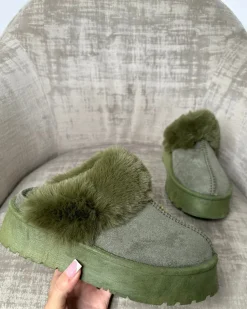 Pixie Fluffy Faux Fur Slippers - Khaki