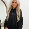 Rachael Ruched Sleeve Hoodie with Ribbon Detail - Black