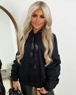 Rachael Ruched Sleeve Hoodie with Ribbon Detail - Black