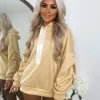 Rachael Ruched Sleeve Hoodie with Ribbon Detail - Beige