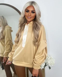 Rachael Ruched Sleeve Hoodie with Ribbon Detail - Beige