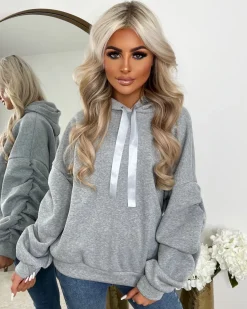 Rachael Ruched Sleeve Hoodie with Ribbon Detail - Grey