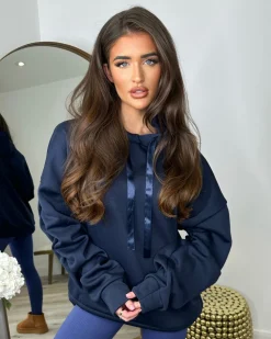 Rachael Ruched Sleeve Hoodie with Ribbon Detail - Navy