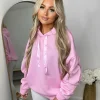 Rachael Ruched Sleeve Hoodie with Ribbon Detail - Baby Pink