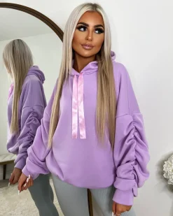 Rachael Ruched Sleeve Hoodie with Ribbon Detail - Lilac