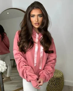 Rachael Ruched Sleeve Hoodie with Ribbon Detail - Blush Pink