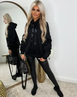 Rachael Ruched Sleeve Hoodie with Ribbon Detail - Black