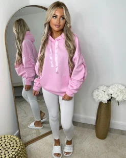 Rachael Ruched Sleeve Hoodie with Ribbon Detail - Baby Pink