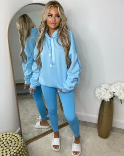 Rachael Ruched Sleeve Hoodie with Ribbon Detail - Baby Blue