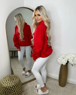 Rachael Ruched Sleeve Hoodie with Ribbon Detail - Red