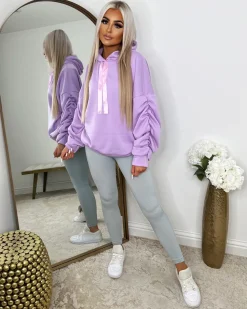 Rachael Ruched Sleeve Hoodie with Ribbon Detail - Lilac