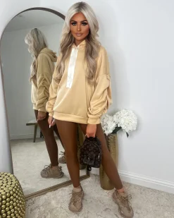 Rachael Ruched Sleeve Hoodie with Ribbon Detail - Beige
