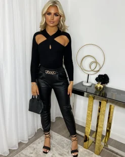 Rene PU Leather Gold Belted Trouser - Black