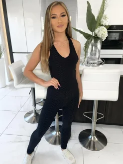 Rory Waffle Long Backless Unitard - Black