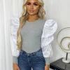 Sadie Puff Sleeve Top - Grey/White