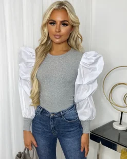 Sadie Puff Sleeve Top - Grey/White