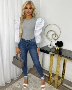 Sadie Puff Sleeve Top - Grey/White