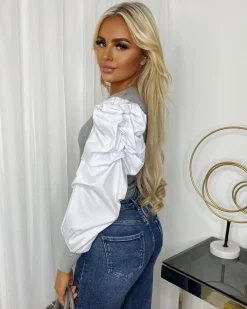Sadie Puff Sleeve Top - Grey/White