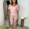 Saskia Silk Puff Sleeve Ribbed Lounge set - Light Pink