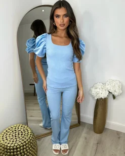 Saskia Silk Puff Sleeve Ribbed Lounge set - Sky Blue