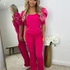 Saskia Silk Puff Sleeve Ribbed Lounge set - Fuchsia Pink