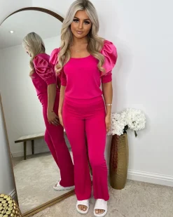 Saskia Silk Puff Sleeve Ribbed Lounge set - Fuchsia Pink