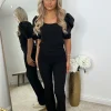 Saskia Silk Puff Sleeve Ribbed Lounge set - Black