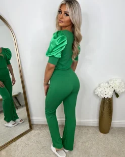 Saskia Silk Puff Sleeve Ribbed Lounge set - Parrot Green