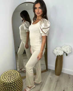Saskia Silk Puff Sleeve Ribbed Lounge set - Beige