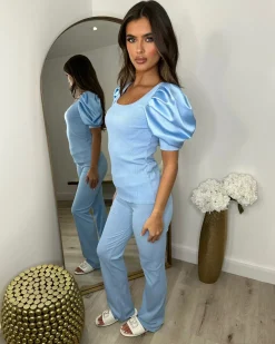 Saskia Silk Puff Sleeve Ribbed Lounge set - Sky Blue