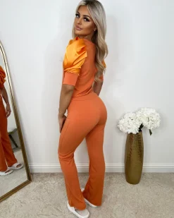Saskia Silk Puff Sleeve Ribbed Lounge set - Orange