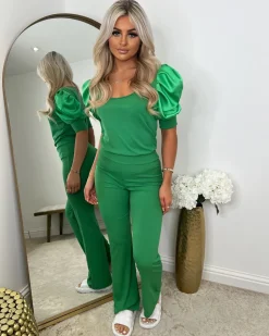 Saskia Silk Puff Sleeve Ribbed Lounge set - Parrot Green
