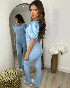 Saskia Silk Puff Sleeve Ribbed Lounge set - Sky Blue