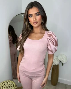 Saskia Silk Puff Sleeve Ribbed Lounge set - Light Pink
