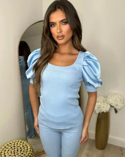 Saskia Silk Puff Sleeve Ribbed Lounge set - Sky Blue