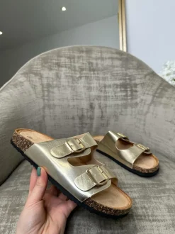 Selena Double Gold Buckle Sandals - Gold