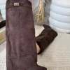 Serena Knee High Fold Over Suede Boots- Chocolate