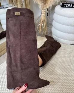 Serena Knee High Fold Over Suede Boots- Chocolate