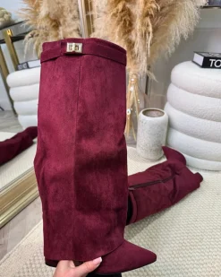 Serena Knee High Fold Over Suede Boots- Wine