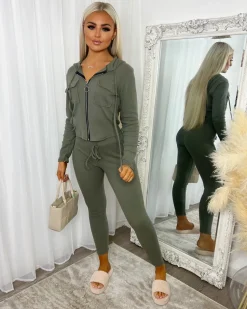 Simone Zip Front Pocket Detail Loungewear - Khaki