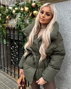 Sophie Short Belted Padded Duvet Coat - Khaki