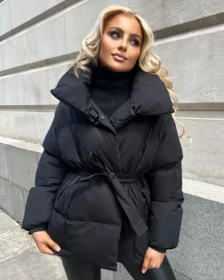 Sophie Short Belted Padded Duvet Coat - Black