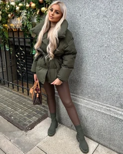 Sophie Short Belted Padded Duvet Coat - Khaki