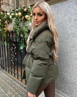 Sophie Short Belted Padded Duvet Coat - Khaki