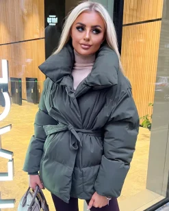 Sophie Short Belted Padded Duvet Coat - Khaki