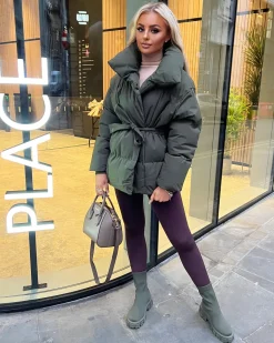 Sophie Short Belted Padded Duvet Coat - Khaki