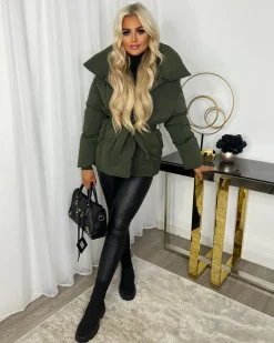 Sophie Short Belted Padded Duvet Coat - Khaki