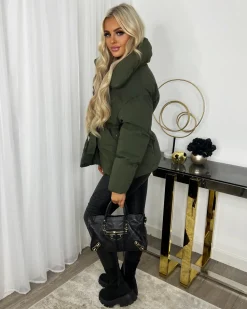 Sophie Short Belted Padded Duvet Coat - Khaki